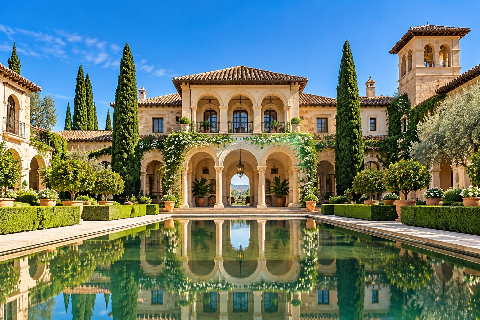 Mediterranean-style luxury villa with arched architecture, landscaped gardens, cypress trees, and a large reflecting pool in bright daylight.