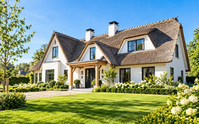 Luxury white country home with a traditional thatched roof, landscaped gardens, and manicured lawn in bright daylight.
