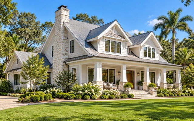 Elegant white coastal-style home with stone accents, a covered front porch, lush landscaping, palm trees, and a manicured lawn in bright daylight.