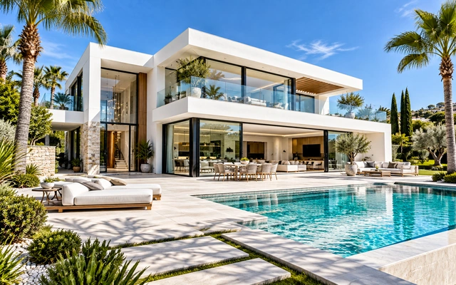 Luxury white modern villa with floor-to-ceiling windows, landscaped gardens, and a large swimming pool in bright daylight.