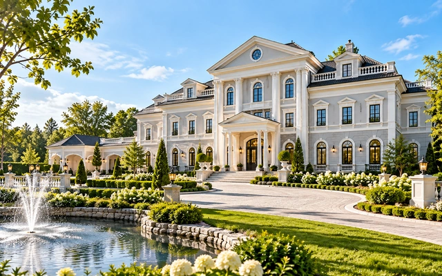 Luxury neoclassical estate with white columns, landscaped gardens, a curved driveway, and a decorative fountain in bright daylight.