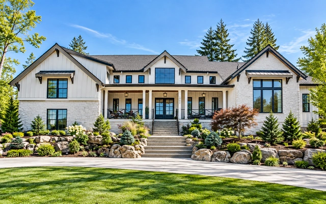 Luxury white modern farmhouse with black-trimmed windows, a covered front porch, landscaped gardens, and a manicured lawn in bright daylight.