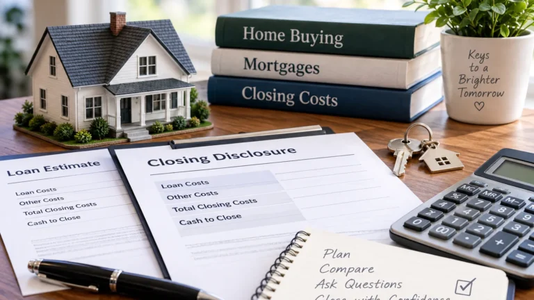 Buyer closing costs with loan estimate, closing disclosure, calculator and house keys