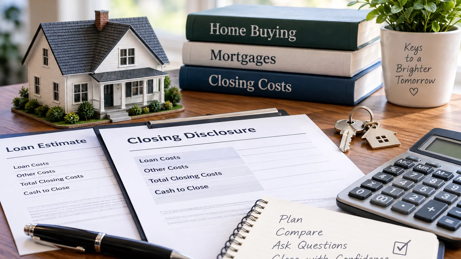 Buyer closing costs with loan estimate, closing disclosure, calculator and house keys