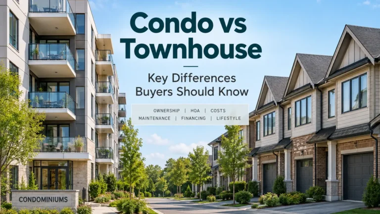 Condo vs townhouse comparison showing a modern condo building beside attached townhouses