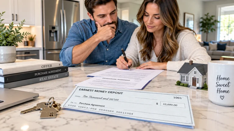 Homebuyers reviewing an earnest money deposit while signing a home purchase agreement