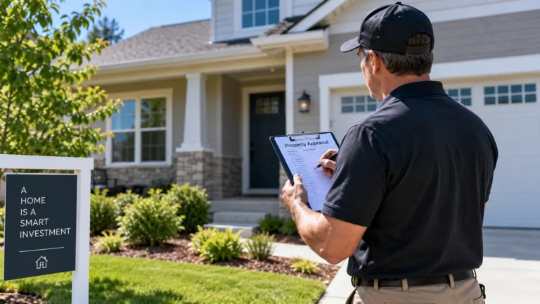 Home appraisal showing an appraiser evaluating a suburban house