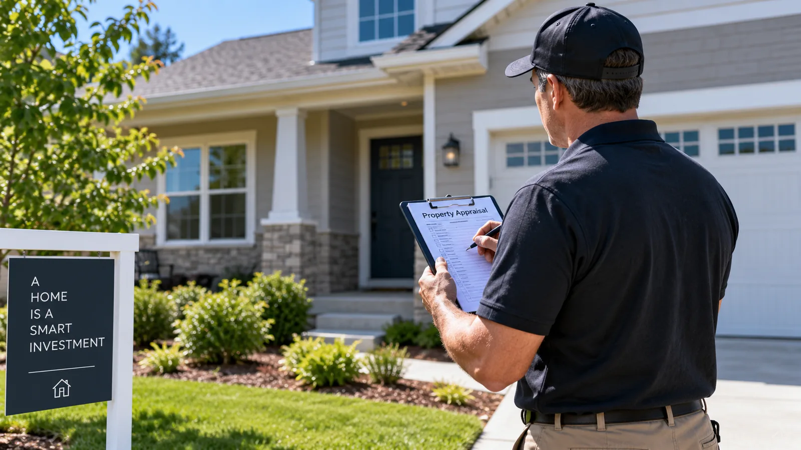 Home appraisal showing an appraiser evaluating a suburban house