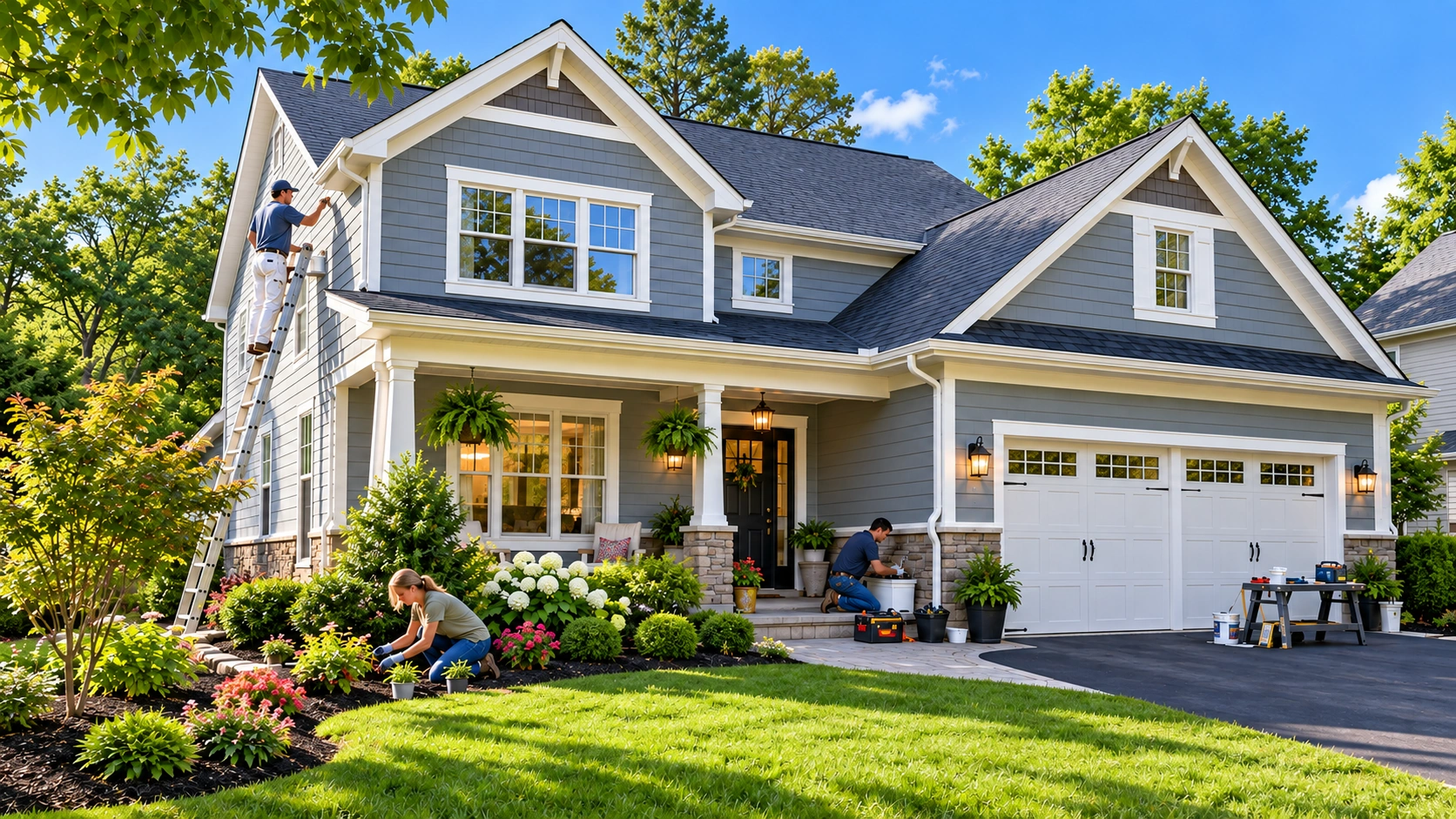 Exterior of a suburban home undergoing maintenance and improvements, with painting, landscaping, tools, and repair work in progress.