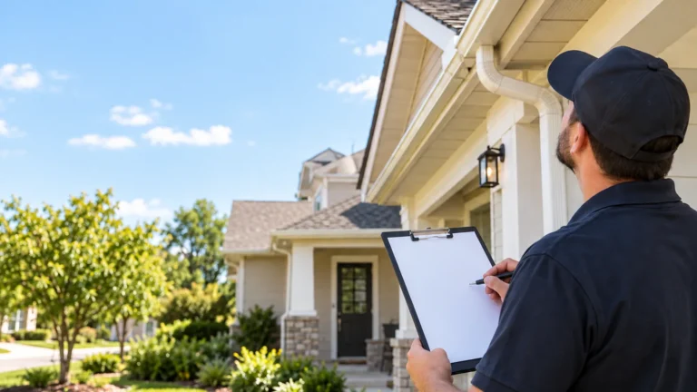 Home inspection checklist for buyers showing an inspector examining a suburban house before closing