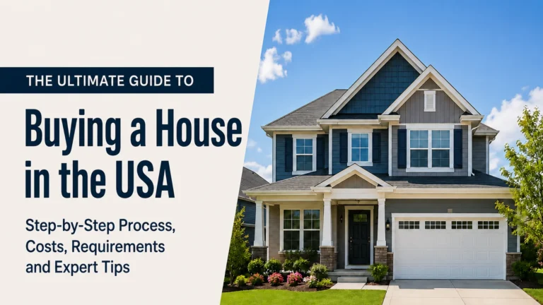 Suburban home beside text introducing a how to buy a house guide for U.S. buyers
