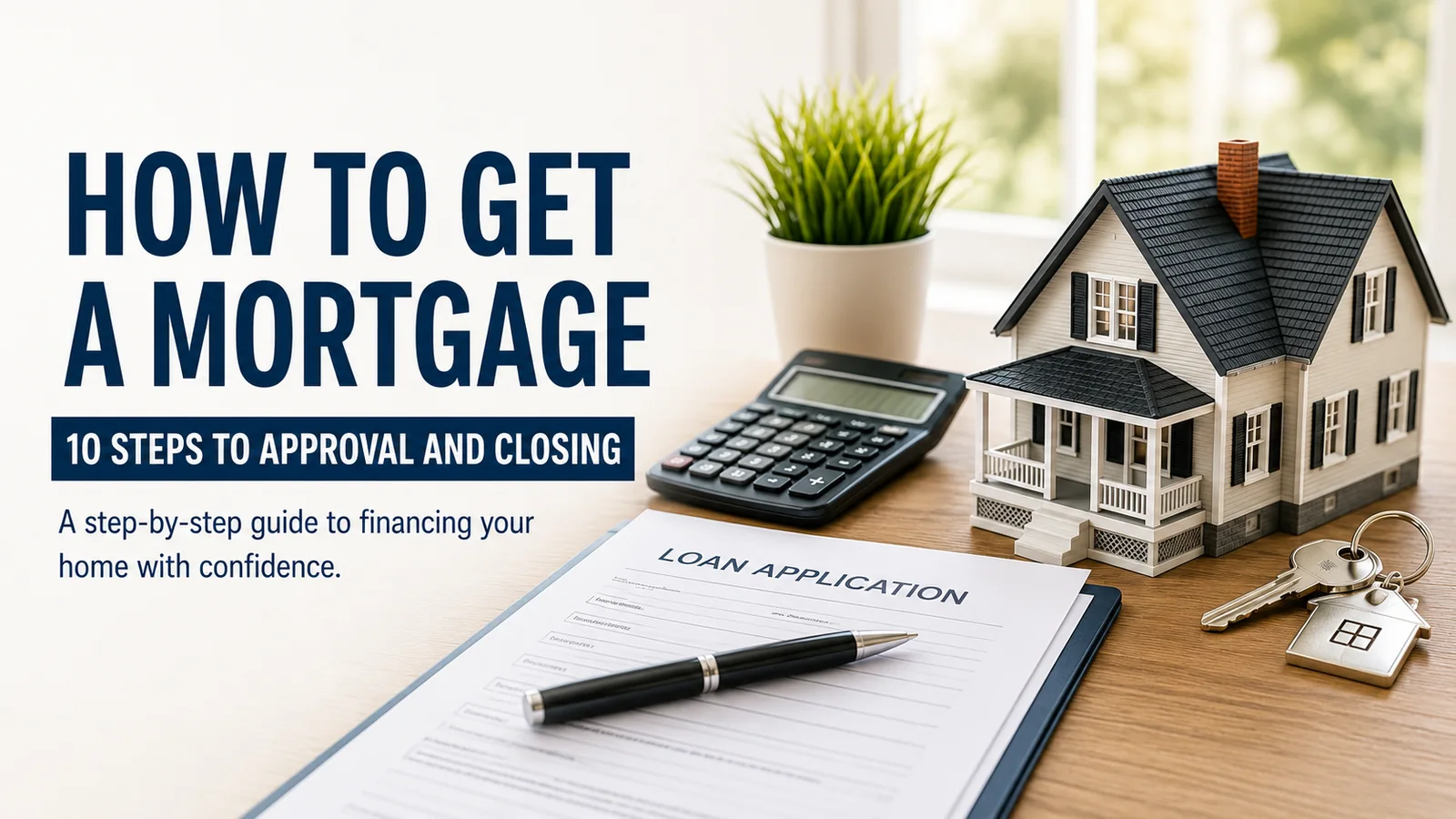 Model house, calculator, loan application and keys illustrating how to get a mortgage