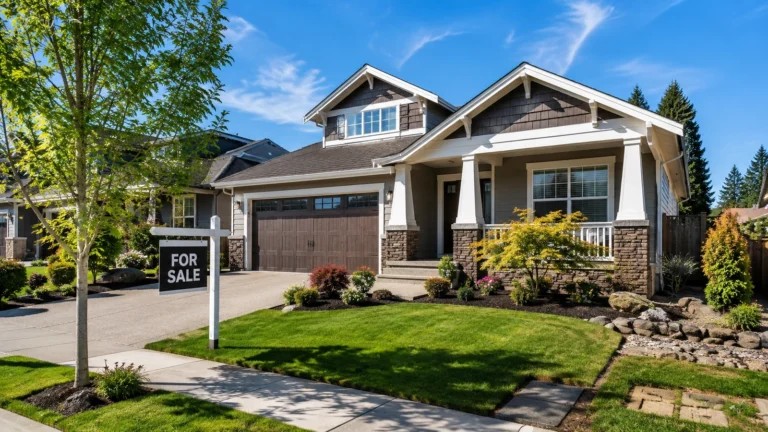 Suburban house with a "for sale" sign illustrating how to sell a house