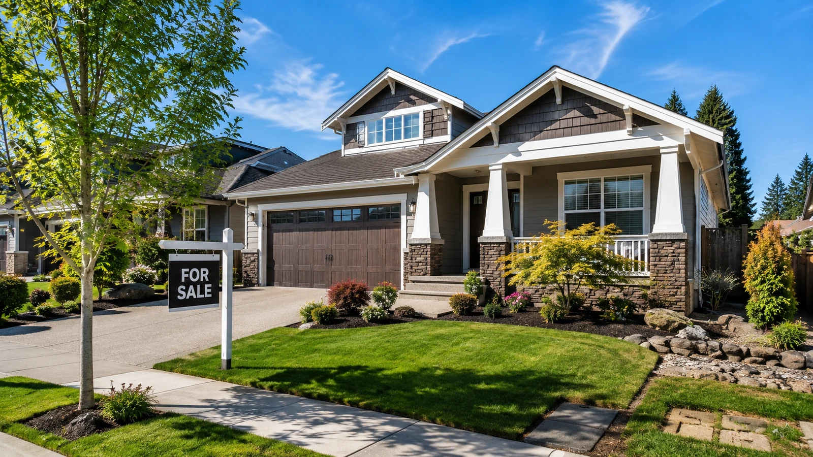 Suburban house with a "for sale" sign illustrating how to sell a house