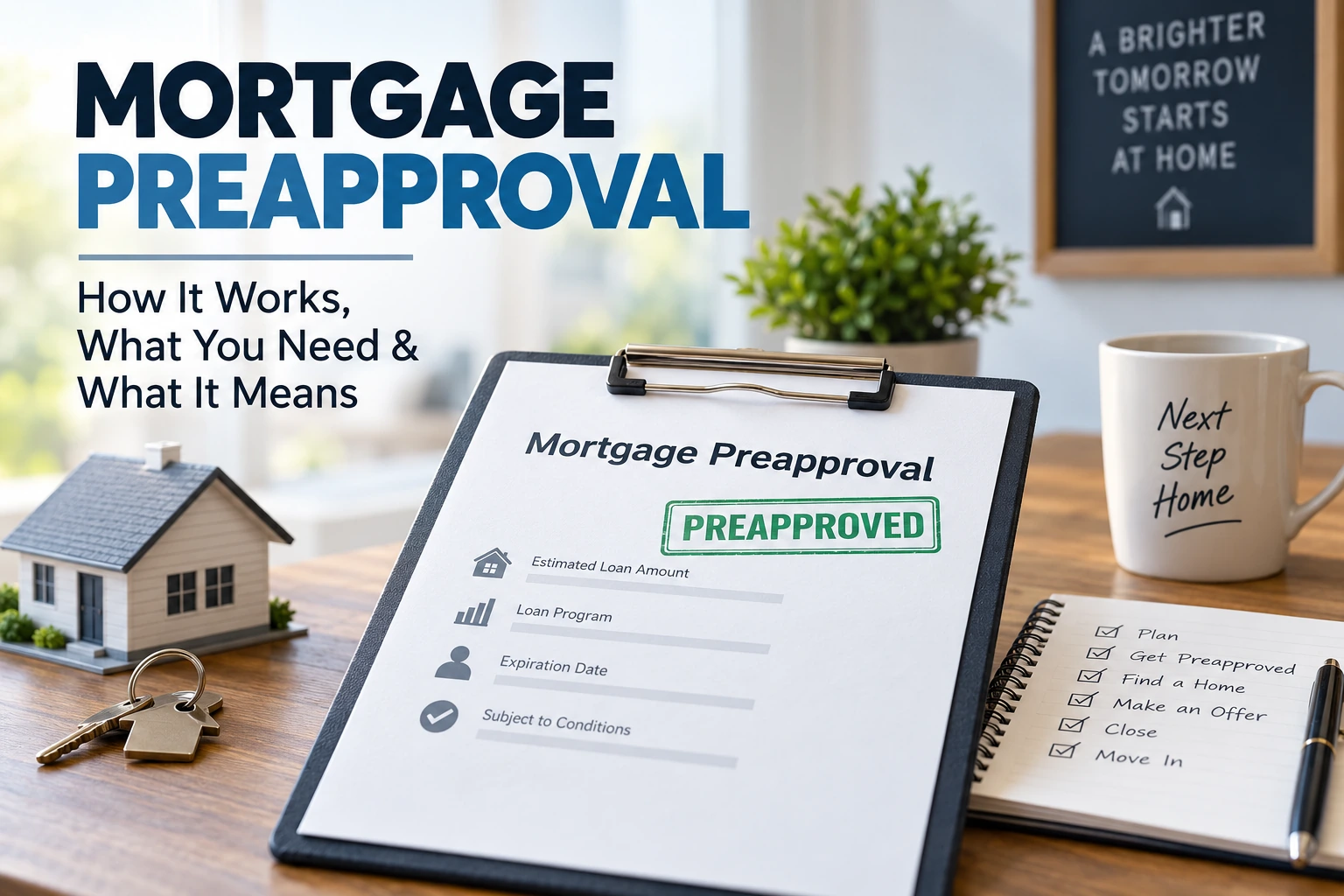 Mortgage preapproval documents with house keys and a model home on a desk