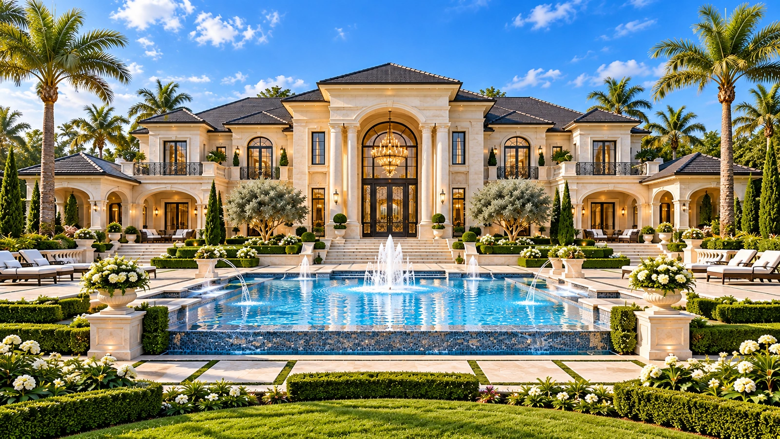 Luxurious Mediterranean-style mansion with landscaped gardens, palm trees, and a large swimming pool with fountains in bright daylight.