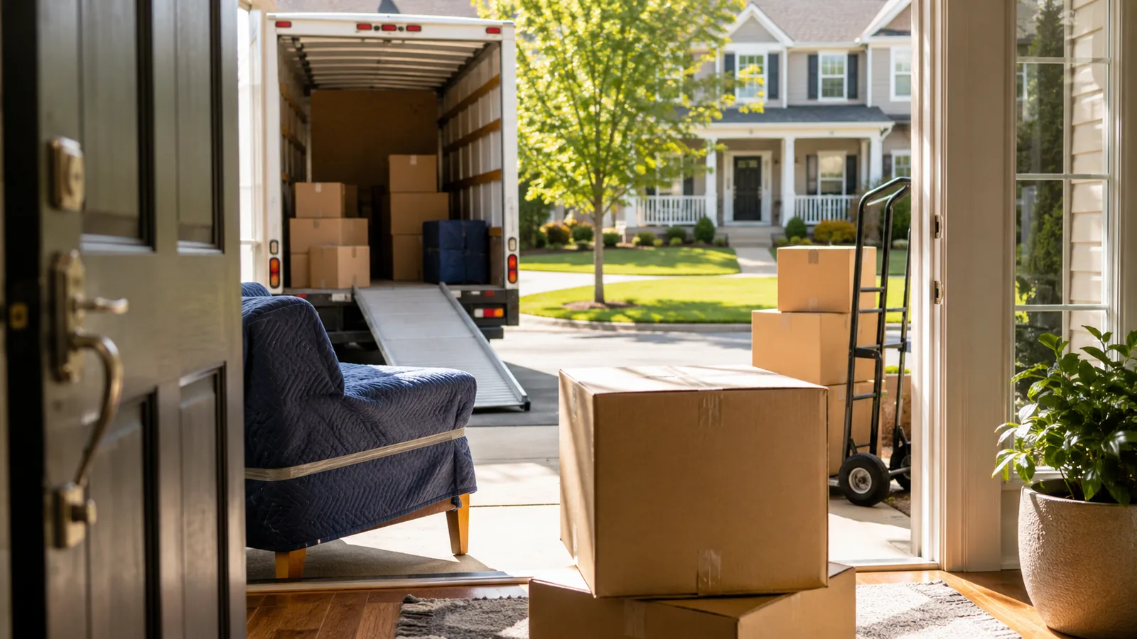 Moving checklist preparation with boxes, furniture and a moving truck outside a home