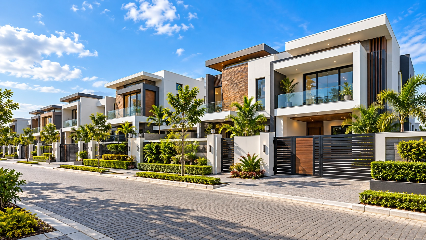 Modern newly constructed homes with contemporary architecture, landscaped yards, and a clean residential street in bright daylight.