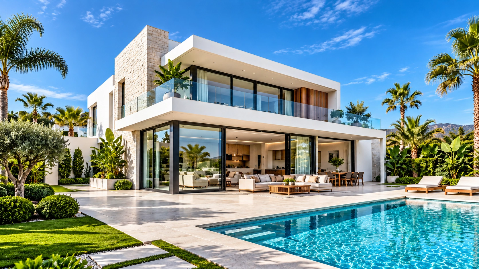 Modern two-story luxury home with large glass windows, tropical landscaping, and a swimming pool in bright daylight.