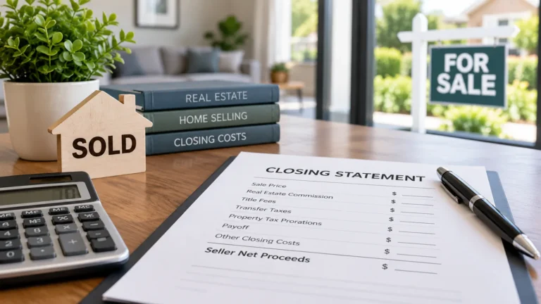 Seller closing costs shown on a closing statement with calculator and home sale sign