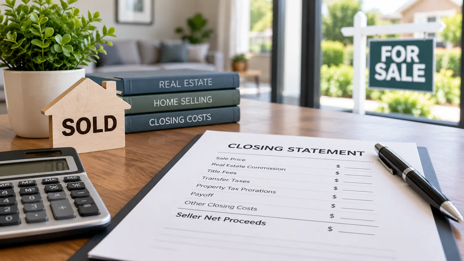 Seller closing costs shown on a closing statement with calculator and home sale sign