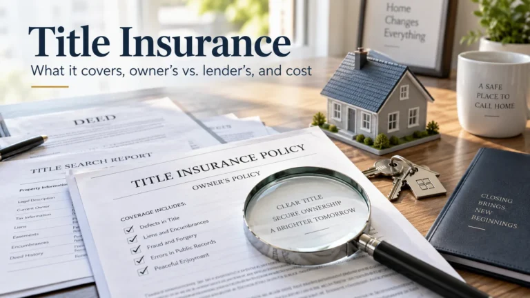 Title insurance documents with title search report, owner’s policy, house, and keys