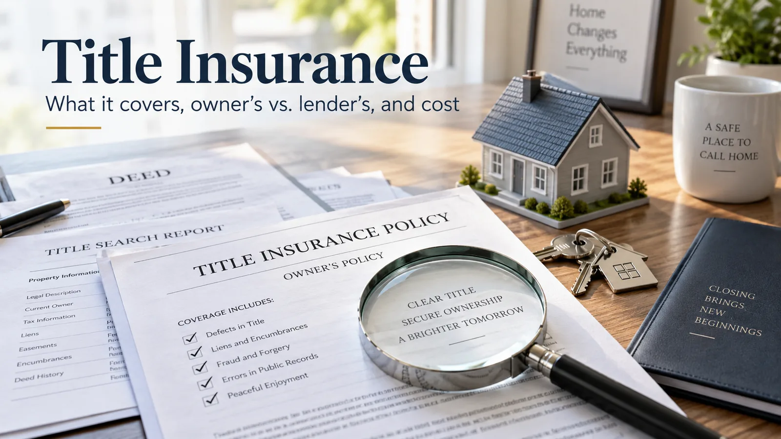 Title insurance documents with title search report, owner’s policy, house, and keys