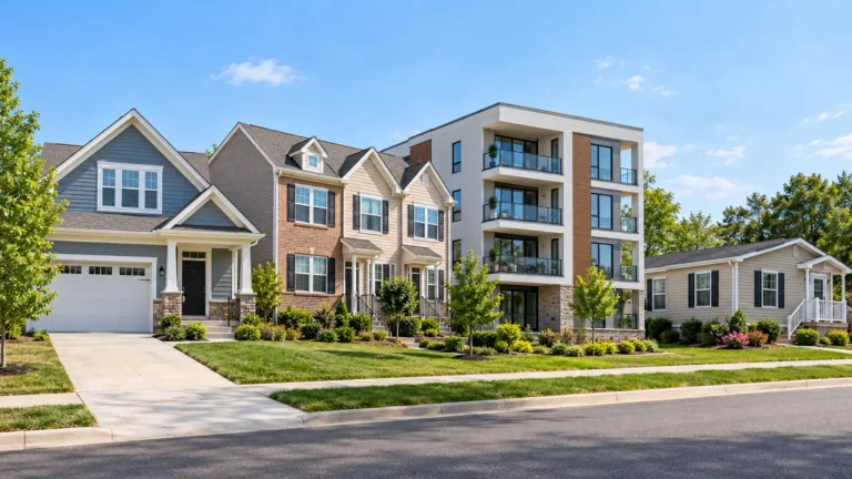 Different types of homes along a residential street, including detached, attached, and multi-unit housing
