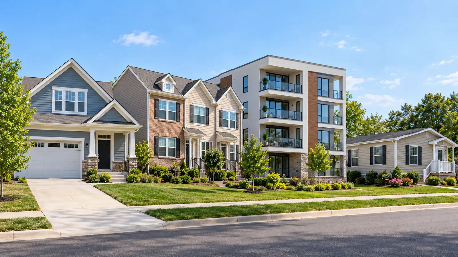 Different types of homes along a residential street, including detached, attached, and multi-unit housing