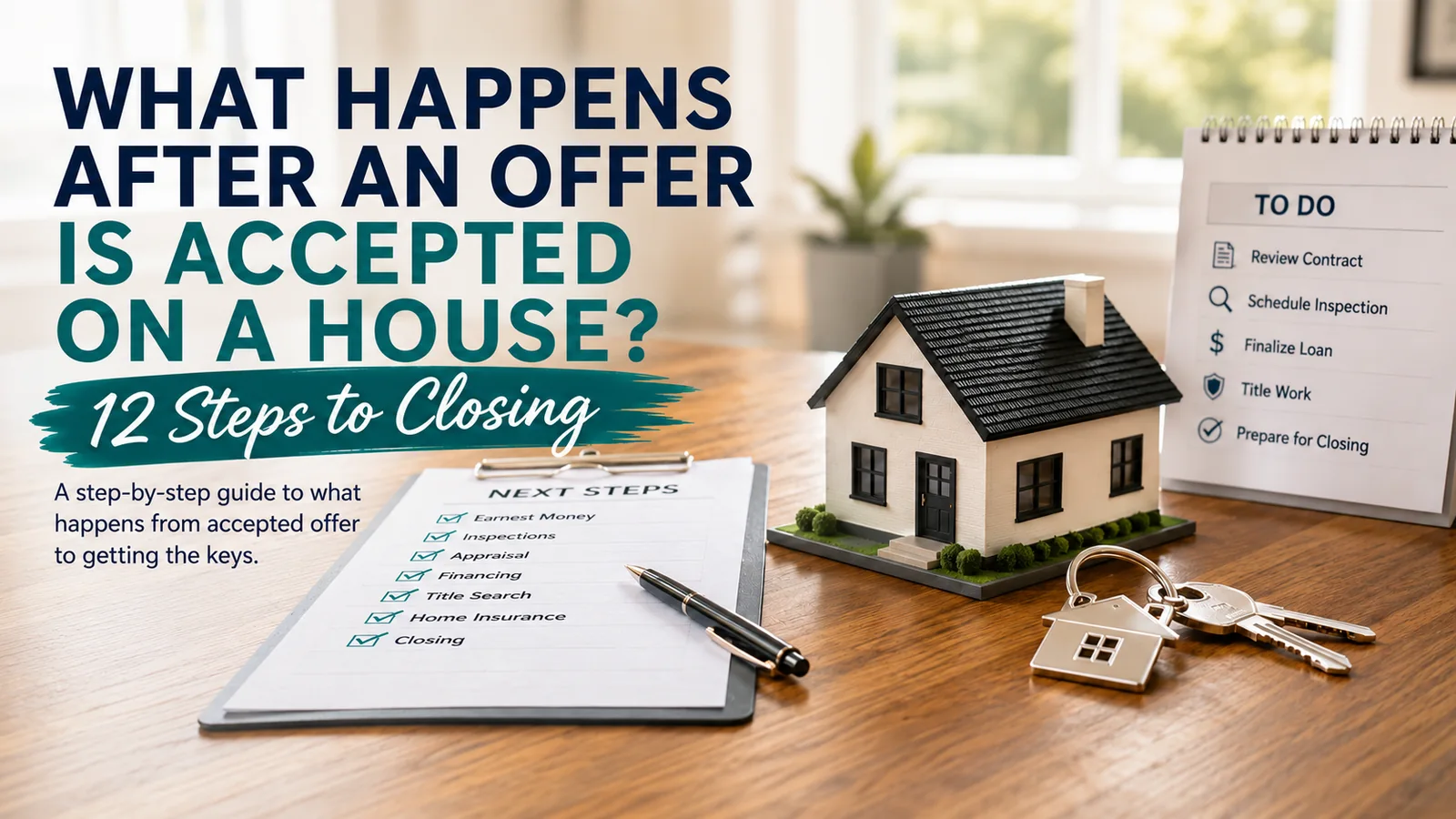 Model house, post-offer checklist, calendar and keys illustrating what happens after an offer is accepted on a house