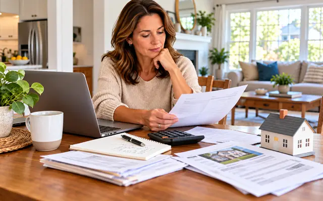 Homeowner reviewing mortgage documents and calculating what is home equity at a table