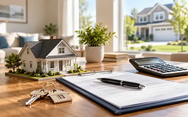 Home insurance documents, calculator, house keys, and model home on a table