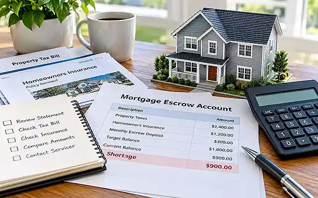 Mortgage escrow shortage statement with property tax and homeowners insurance documents beside a calculator