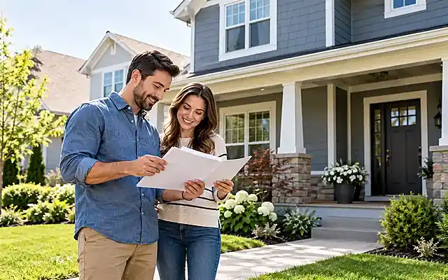 Couple reviewing homeownership paperwork outside a suburban house on a bright, sunny day.