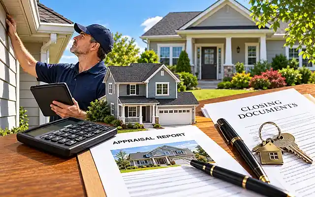 Home inspection and appraisal documents with an inspector examining a house and keys ready for closing.
