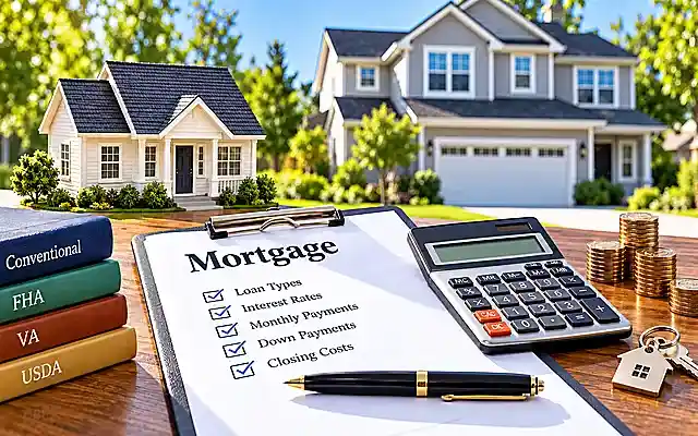 Mortgage financing checklist showing home loan types, interest rates, monthly payments, down payments, and closing costs beside a model house.