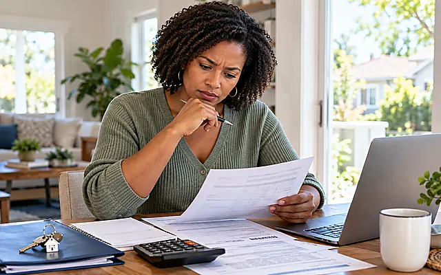 Black woman reviewing mortgage documents and using a calculator to check a potential mortgage prepayment penalty.