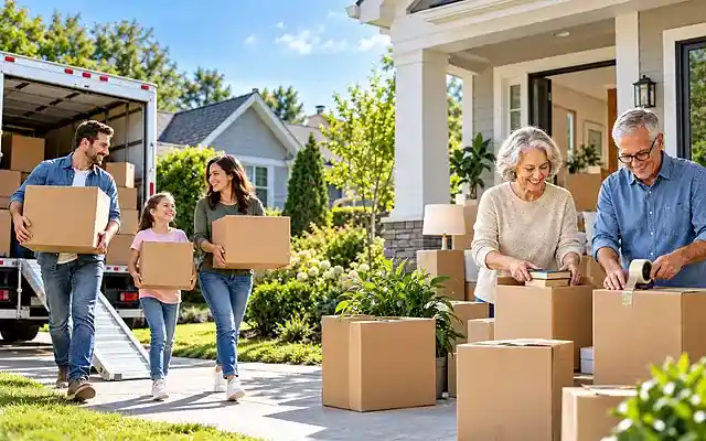 Moving and downsizing scene showing a family carrying boxes beside a moving truck and an older couple packing belongings at a home in bright daylight.