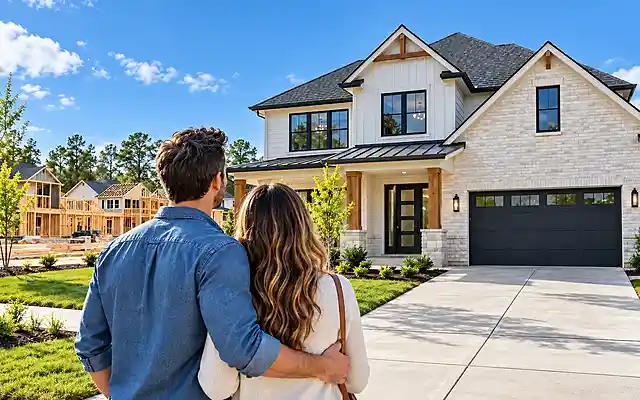 New construction homes with a couple viewing a newly built suburban house in bright daylight, with homes under construction nearby.