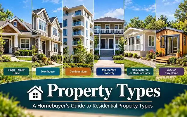 Residential property types including single-family homes, townhouses, condominiums, multifamily properties, manufactured homes, and tiny homes.