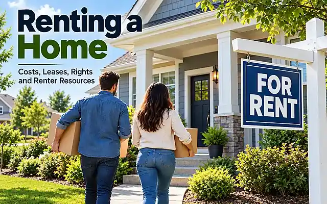 Renting a home with moving boxes outside a suburban house displaying a For Rent sign in bright daylight.