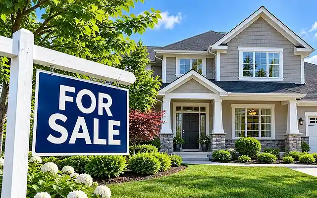 Bright daylight exterior of a suburban house with a For Sale sign, illustrating selling a home.