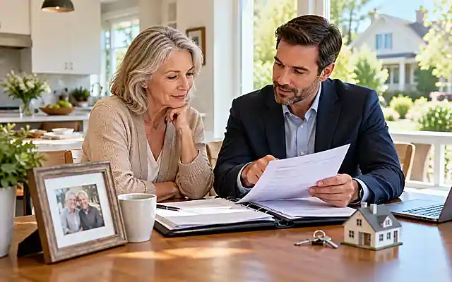 Selling an inherited house with guidance from a real estate professional as a woman reviews property documents in a bright home.