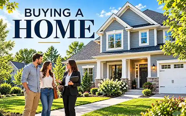 Prospective homebuyers discussing buying a home with a real estate agent outside a suburban house in bright daylight.