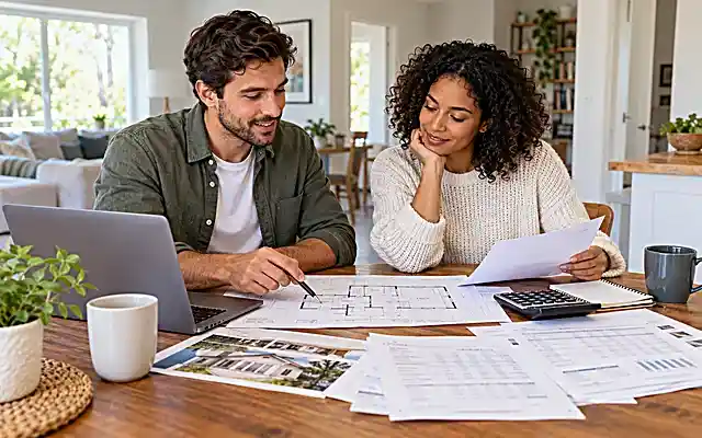 Two friends buying a house with a friend in mind, reviewing a floor plan and homebuying budget together at a dining table.