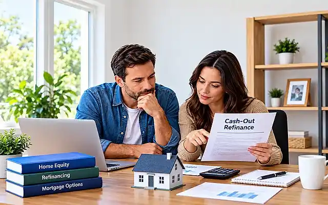 Homeowners reviewing cash out refinance documents and mortgage costs at a table