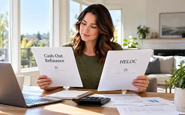 Homeowner comparing cash-out refinance vs. HELOC financing options in a bright home office.