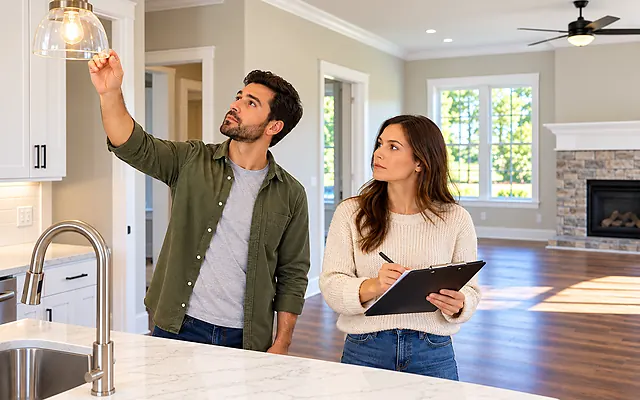 Homebuyers completing a final walkthrough before closing in a bright modern kitchen