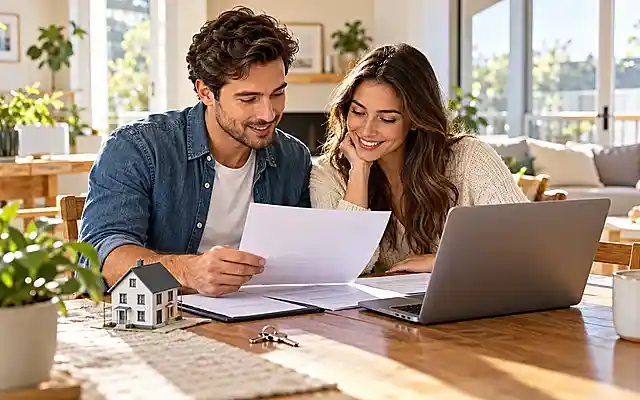 First-time home buyers reviewing mortgage documents together in a bright, sunlit home.