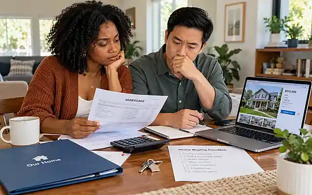 Home buying stress as two concerned homebuyers review mortgage paperwork, property listings and housing costs together.